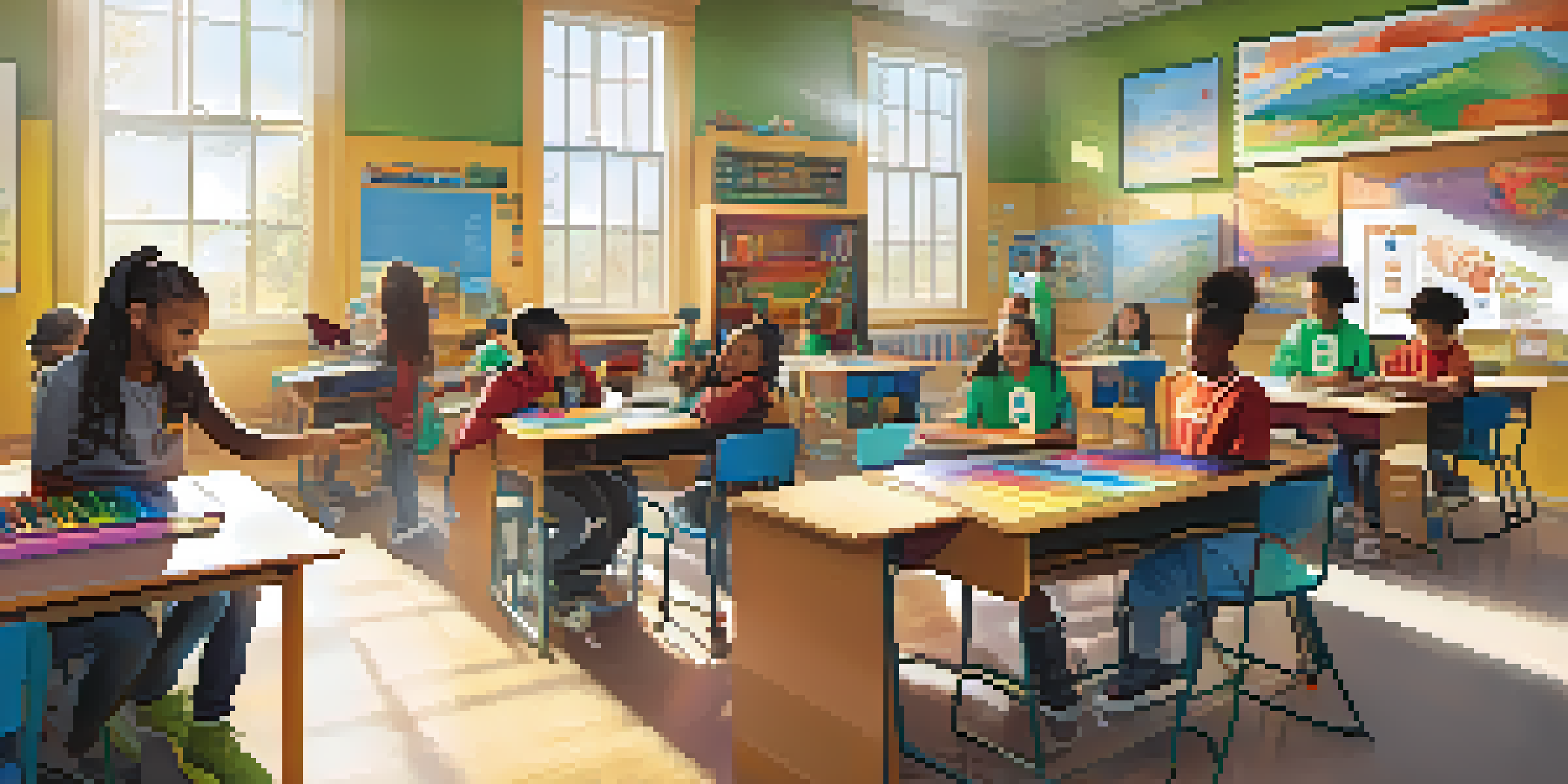 A diverse group of students in a bright and colorful classroom, engaged in STEM activities with an enthusiastic teacher.