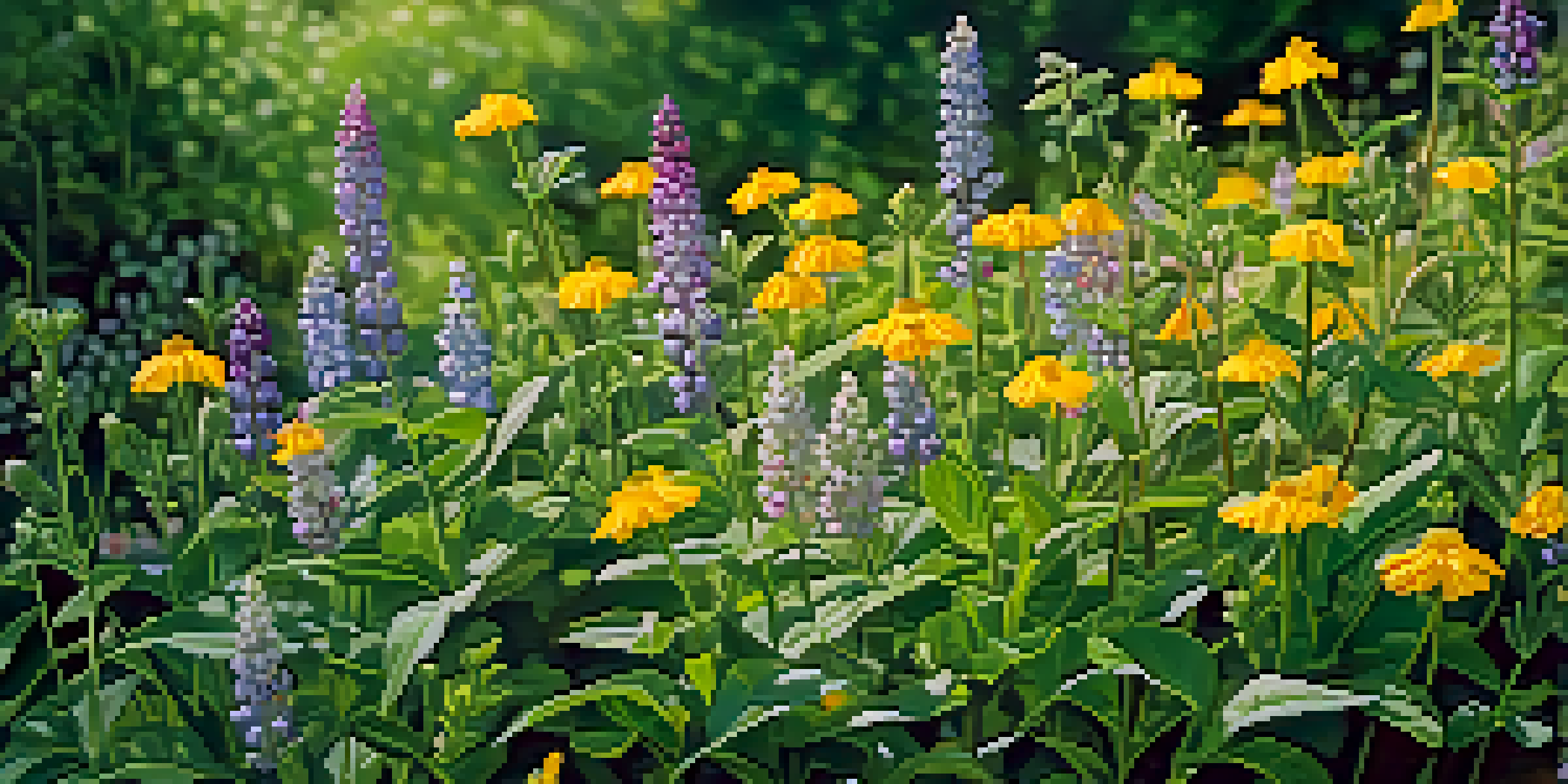 A close-up of colorful wildflowers in bloom surrounded by green leaves.