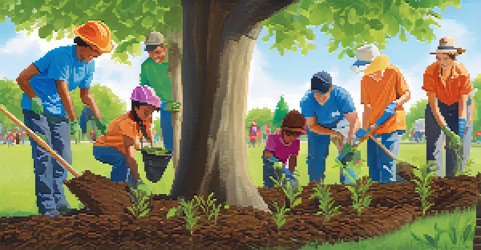 A lively community event where diverse volunteers are planting young trees in a sunny park, surrounded by greenery and flowers.