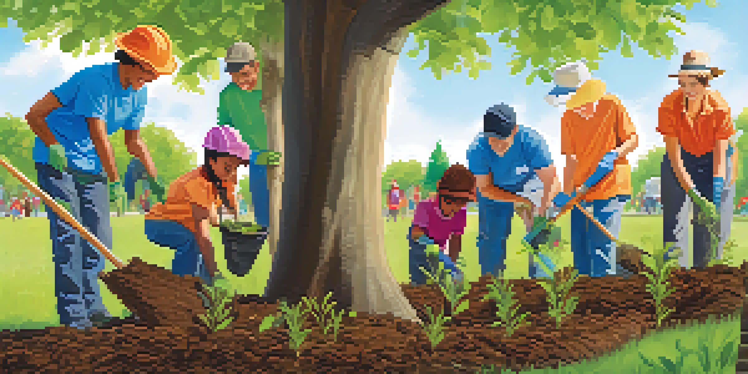 A lively community event where diverse volunteers are planting young trees in a sunny park, surrounded by greenery and flowers.