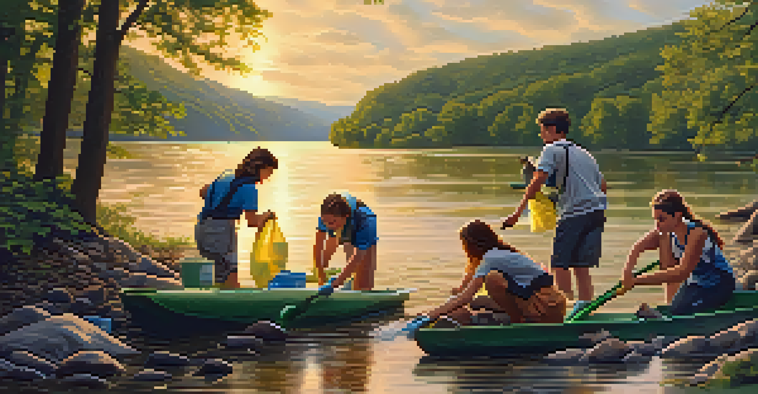 Students participating in a river clean-up along a serene Tennessee river, surrounded by greenery and under a sunset sky.