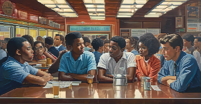 Young activists peacefully protesting at a lunch counter in Nashville during the 1960s, showcasing diverse individuals and historical diner architecture.