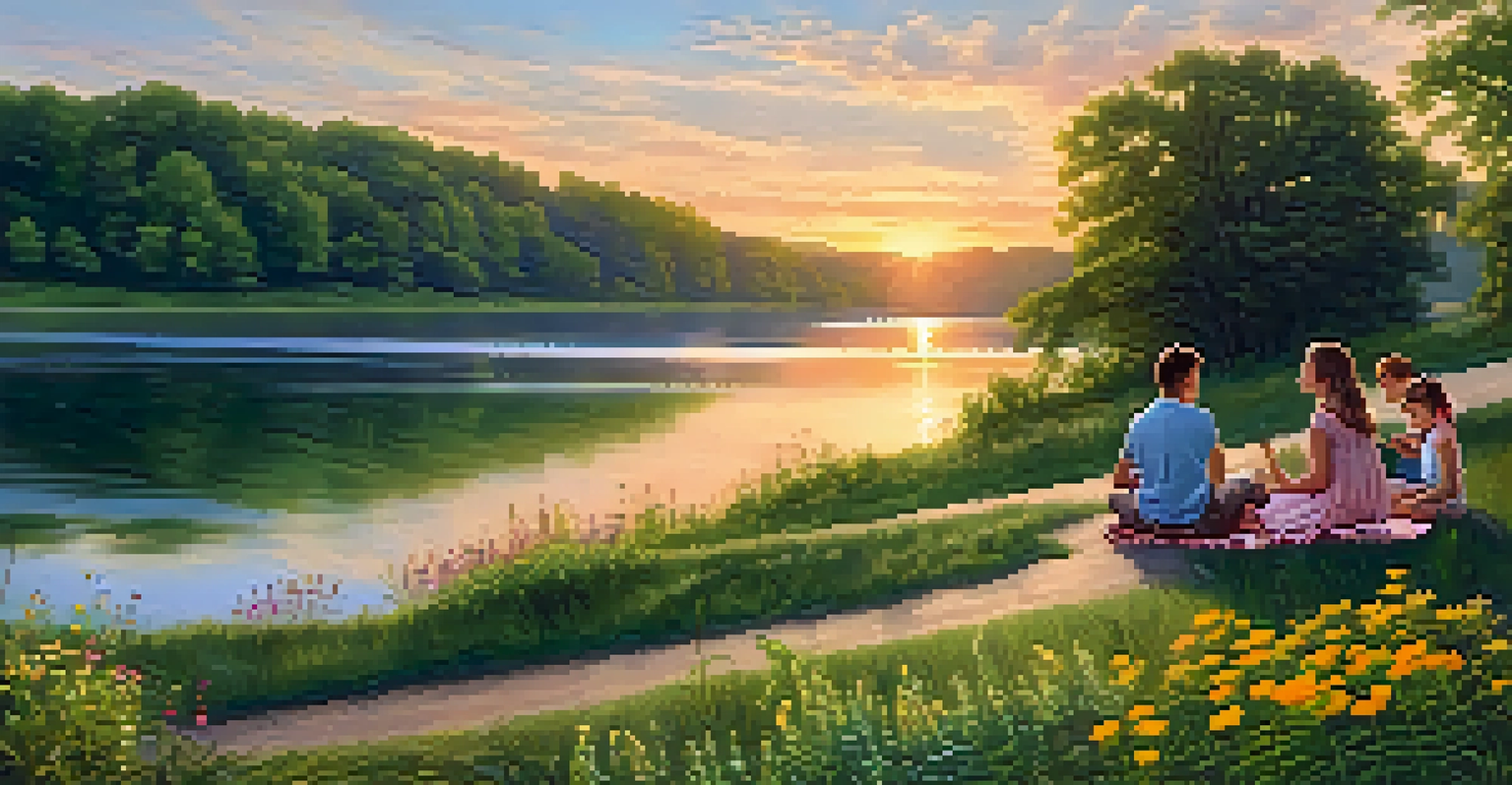 A family having a picnic by the Tennessee River, surrounded by vibrant greenery and wildflowers, with a golden sunset reflecting on the water.