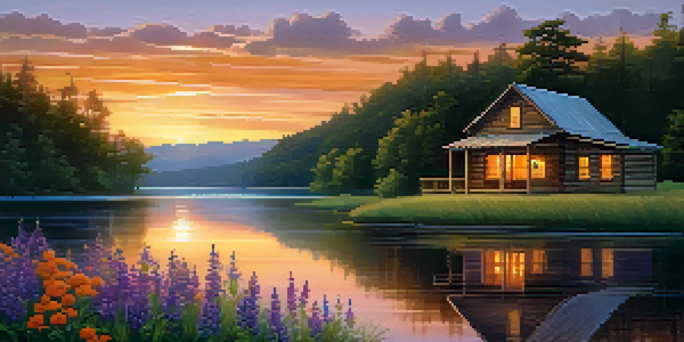 A scenic sunset over the rolling hills of Tennessee with a rustic cabin and blooming wildflowers in the foreground.