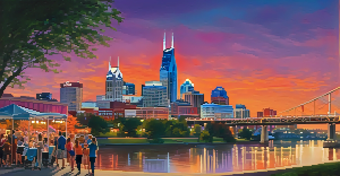 A vibrant sunset view of Nashville's skyline with the AT&T Building and a bustling riverfront park.