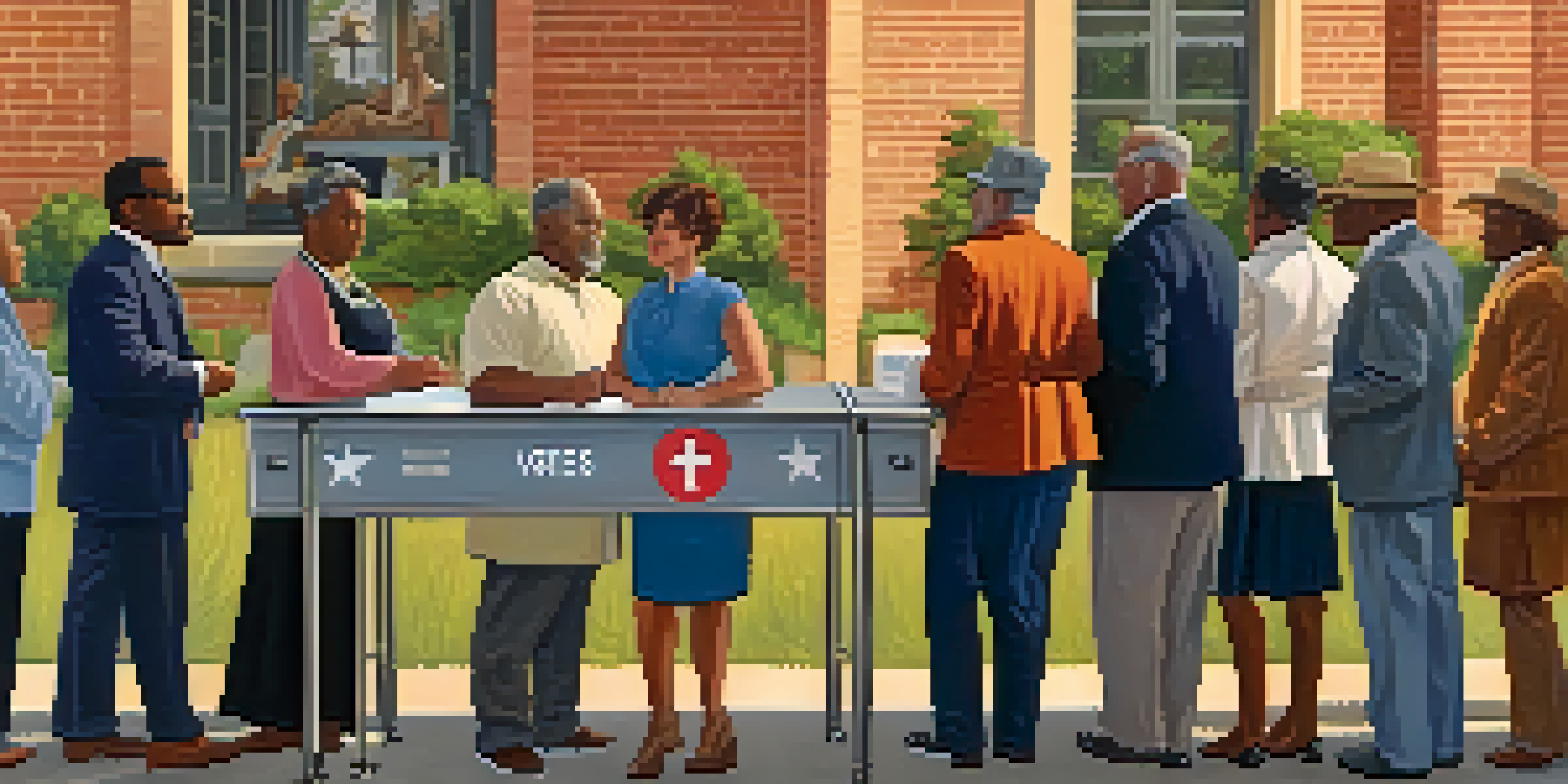 A diverse group of voters waiting in line at a polling station in Tennessee, with a vintage ballot box and a historic building in the background, under a warm sunset glow.