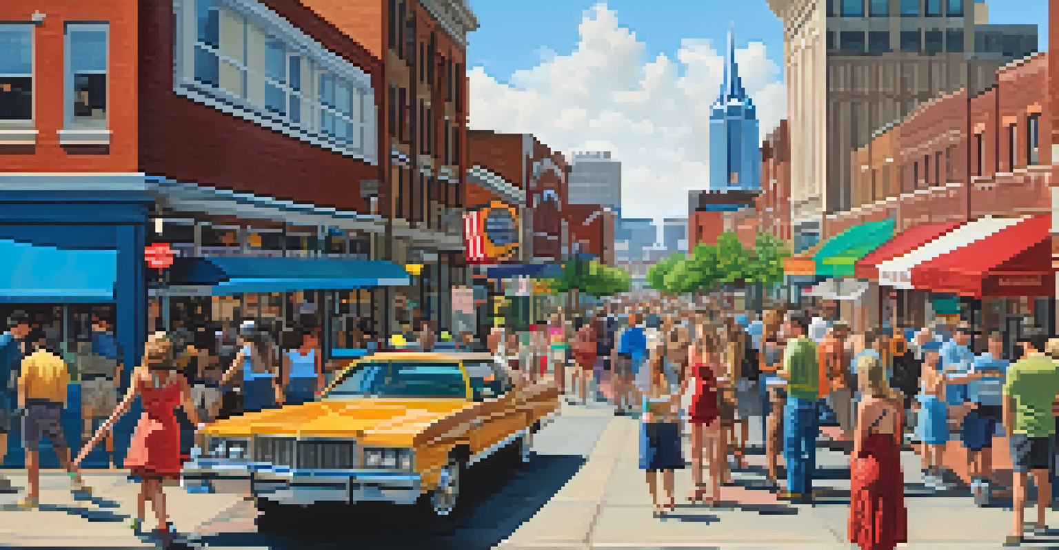 A lively urban scene in Nashville with musicians, colorful storefronts, and diverse crowds, set against a clear blue sky.