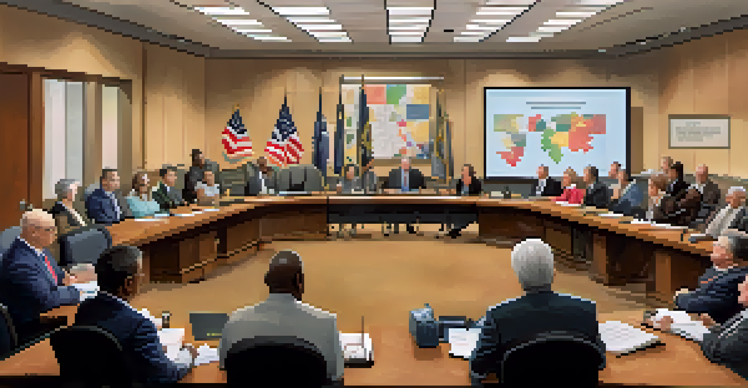 A county commission meeting in a modern conference room with officials discussing budgets and community matters.