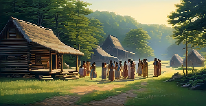 A peaceful scene of a Cherokee village in Tennessee with traditional wooden homes and lush greenery, illuminated by warm golden sunlight.