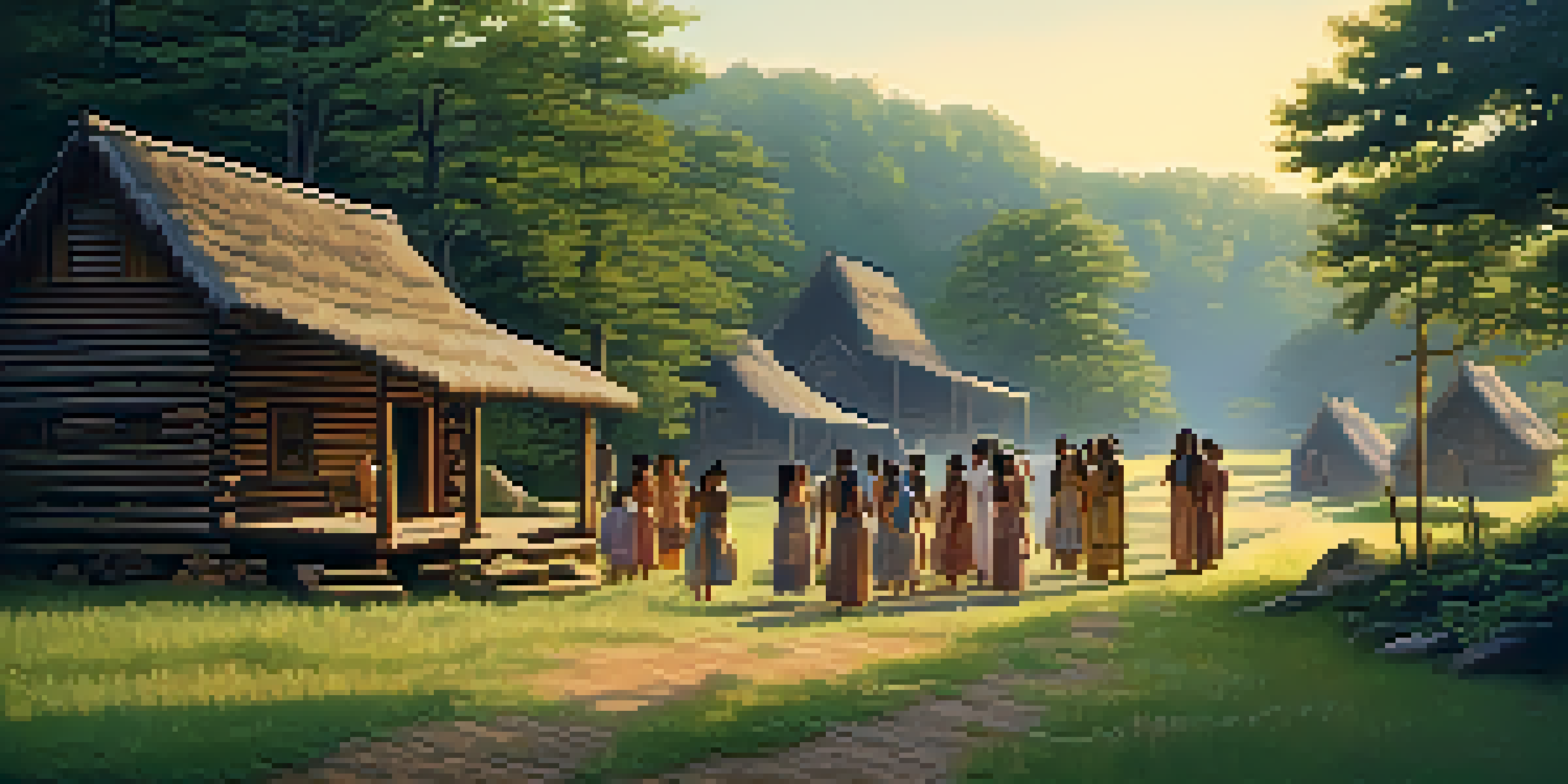 A peaceful scene of a Cherokee village in Tennessee with traditional wooden homes and lush greenery, illuminated by warm golden sunlight.