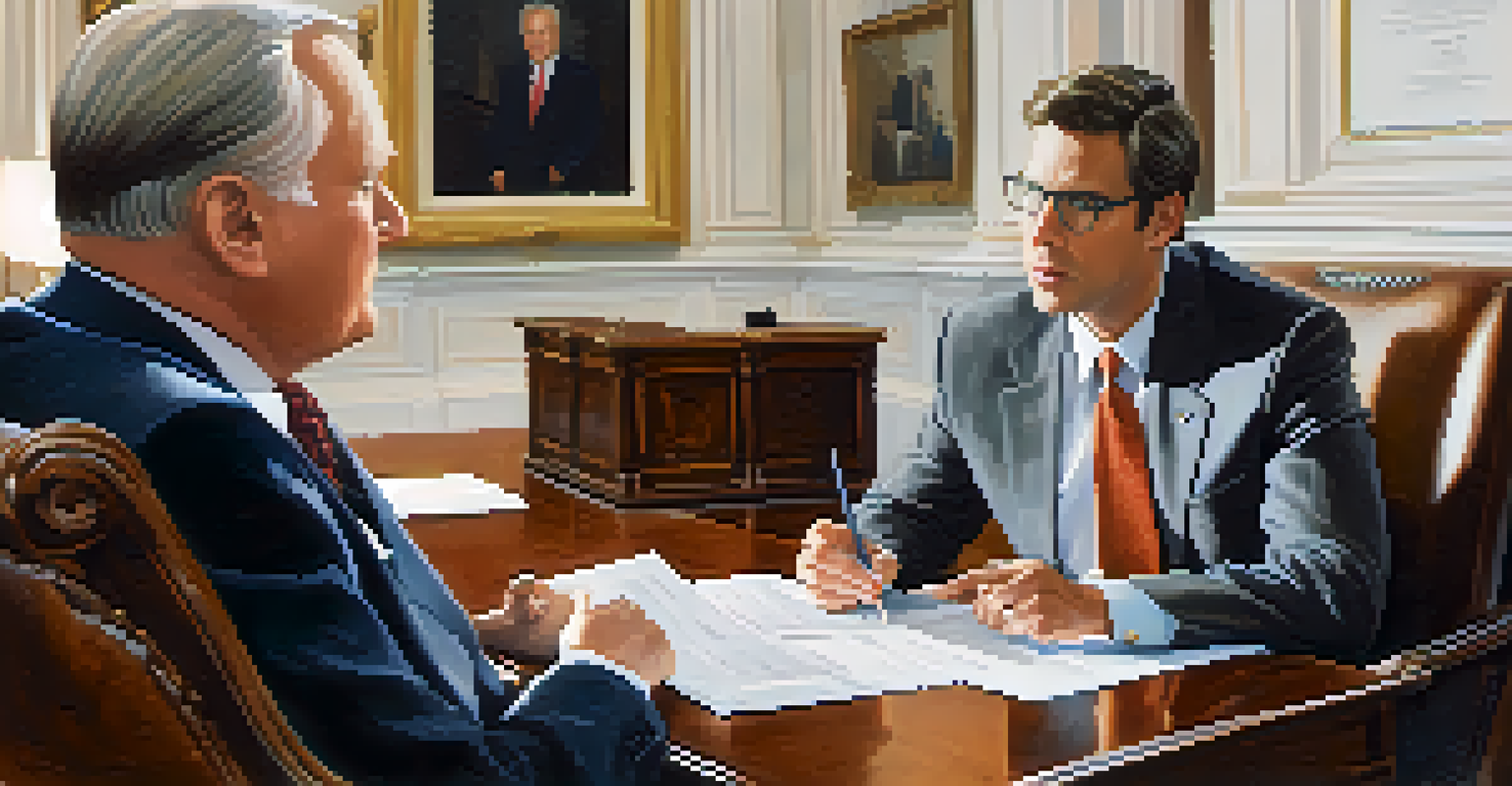 A close-up of a lobbyist and a lawmaker discussing policy in a well-lit office with books and documents around them.