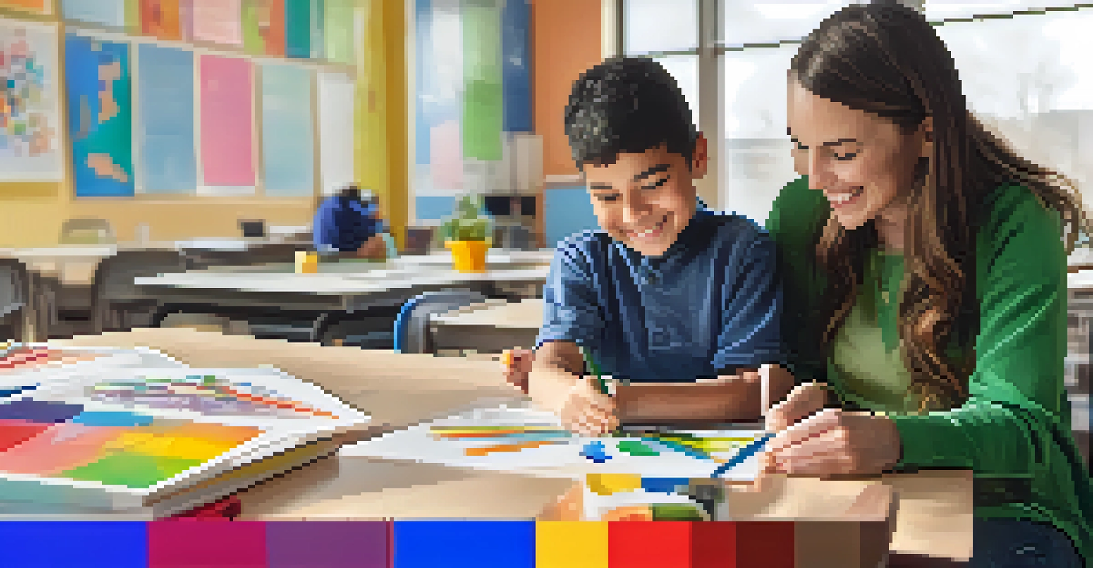 A teacher helping a student in a well-decorated special education classroom, emphasizing a supportive and warm interaction.