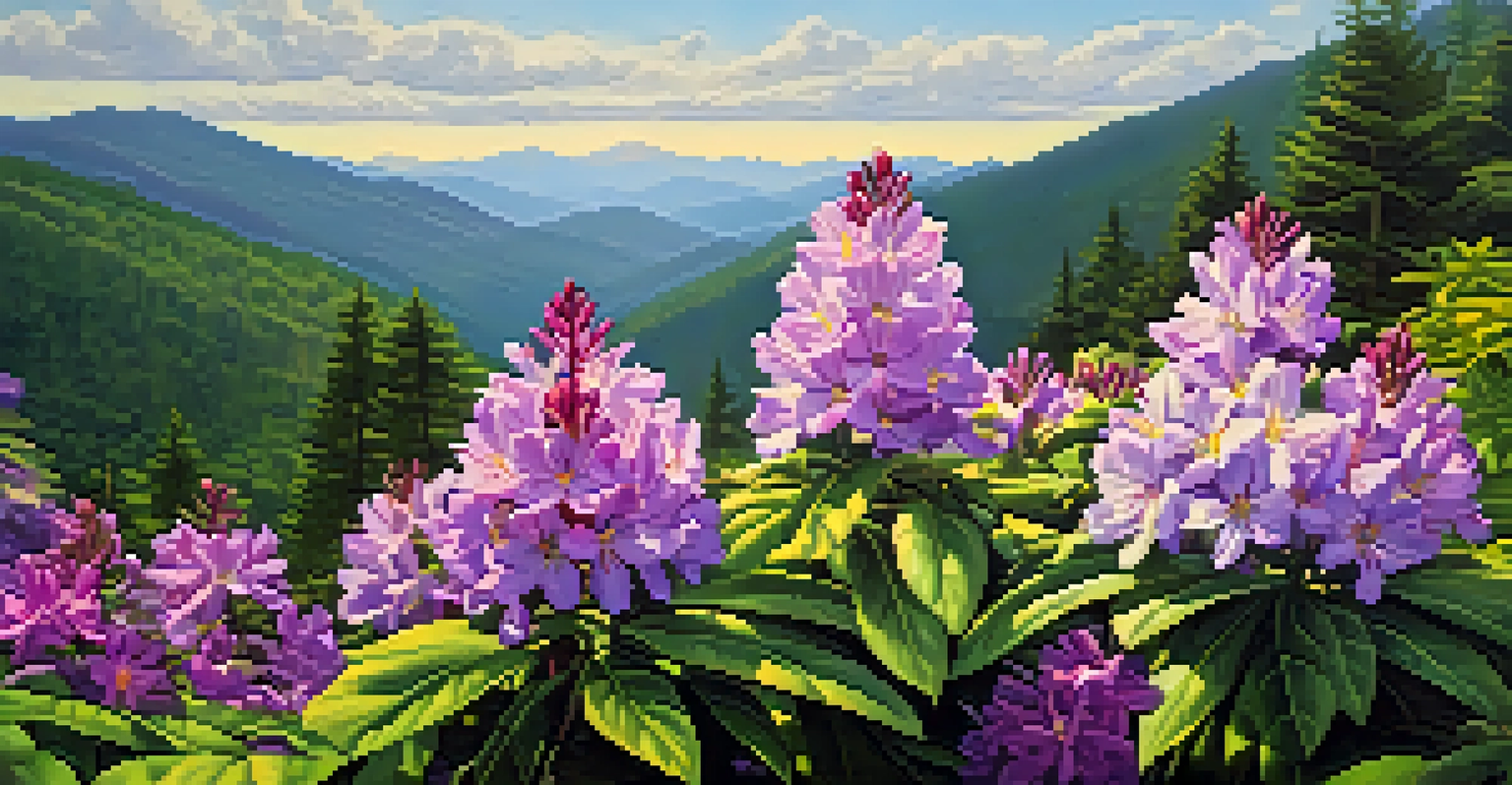 A close-up of colorful wildflowers in the Great Smoky Mountains with a blurred green background.