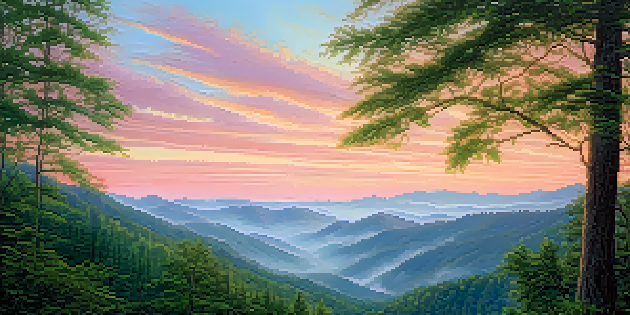 A scenic view of the Great Smoky Mountains shrouded in mist during dawn, with vibrant hues in the sky and lush greenery in the foreground.