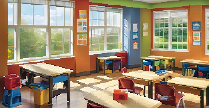 A bright and welcoming classroom for special education with students and a teacher engaging at learning stations.