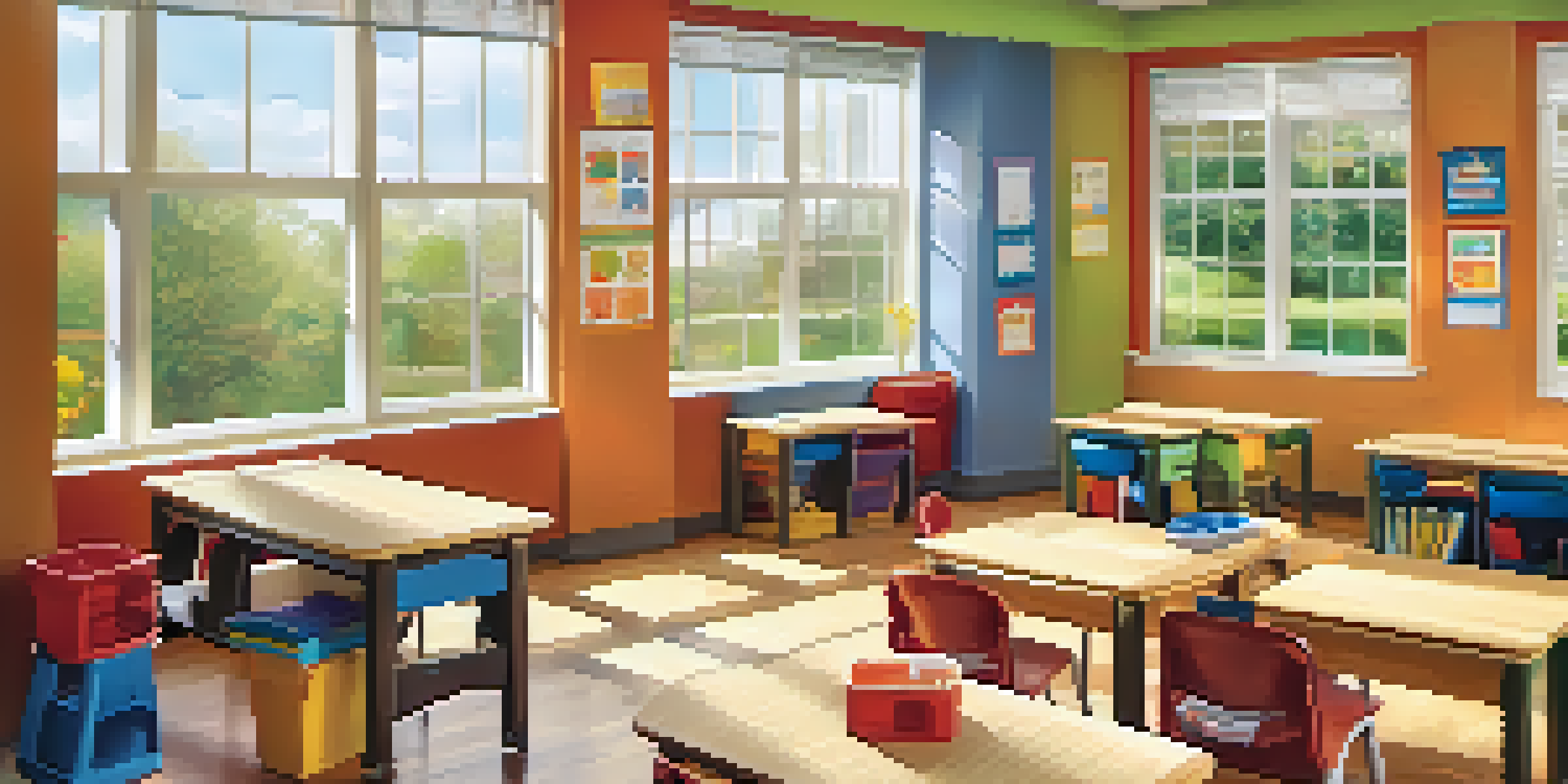 A bright and welcoming classroom for special education with students and a teacher engaging at learning stations.