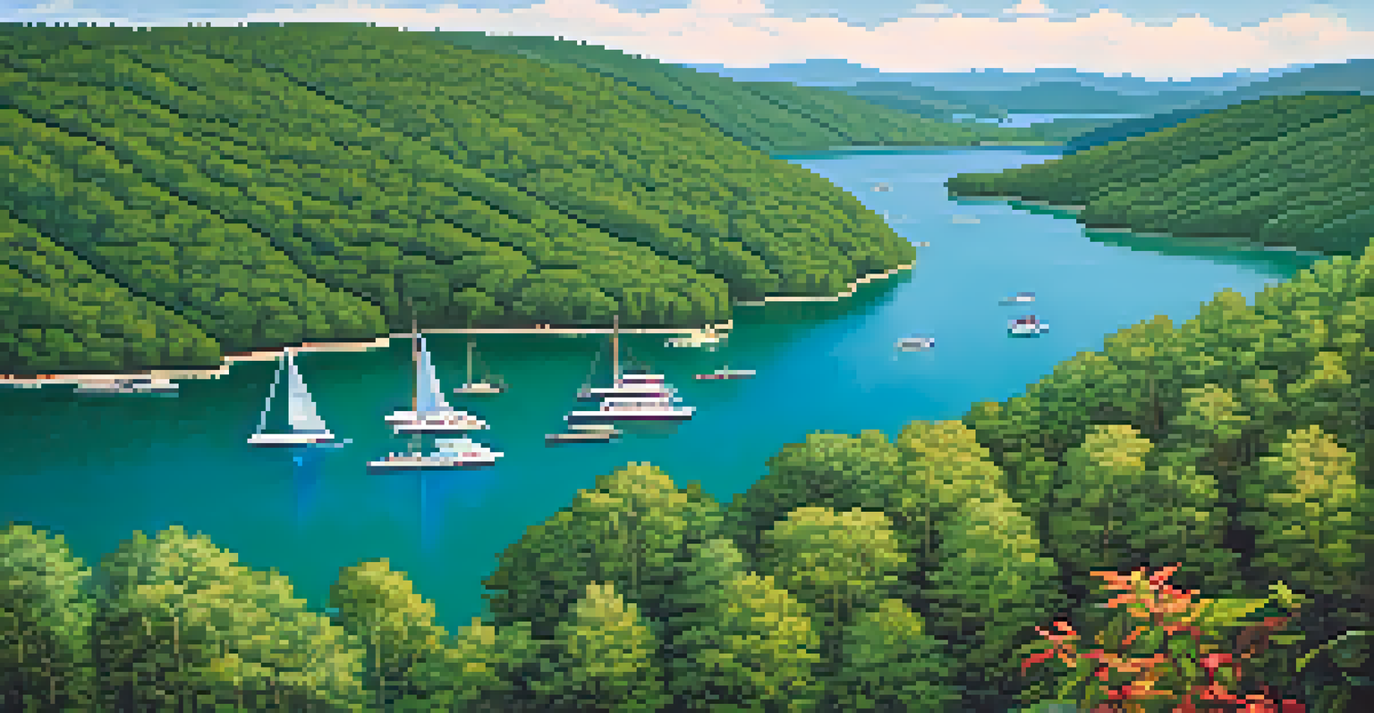 Aerial view of Norris Lake in Tennessee, with clear waters, green hills, and people boating.