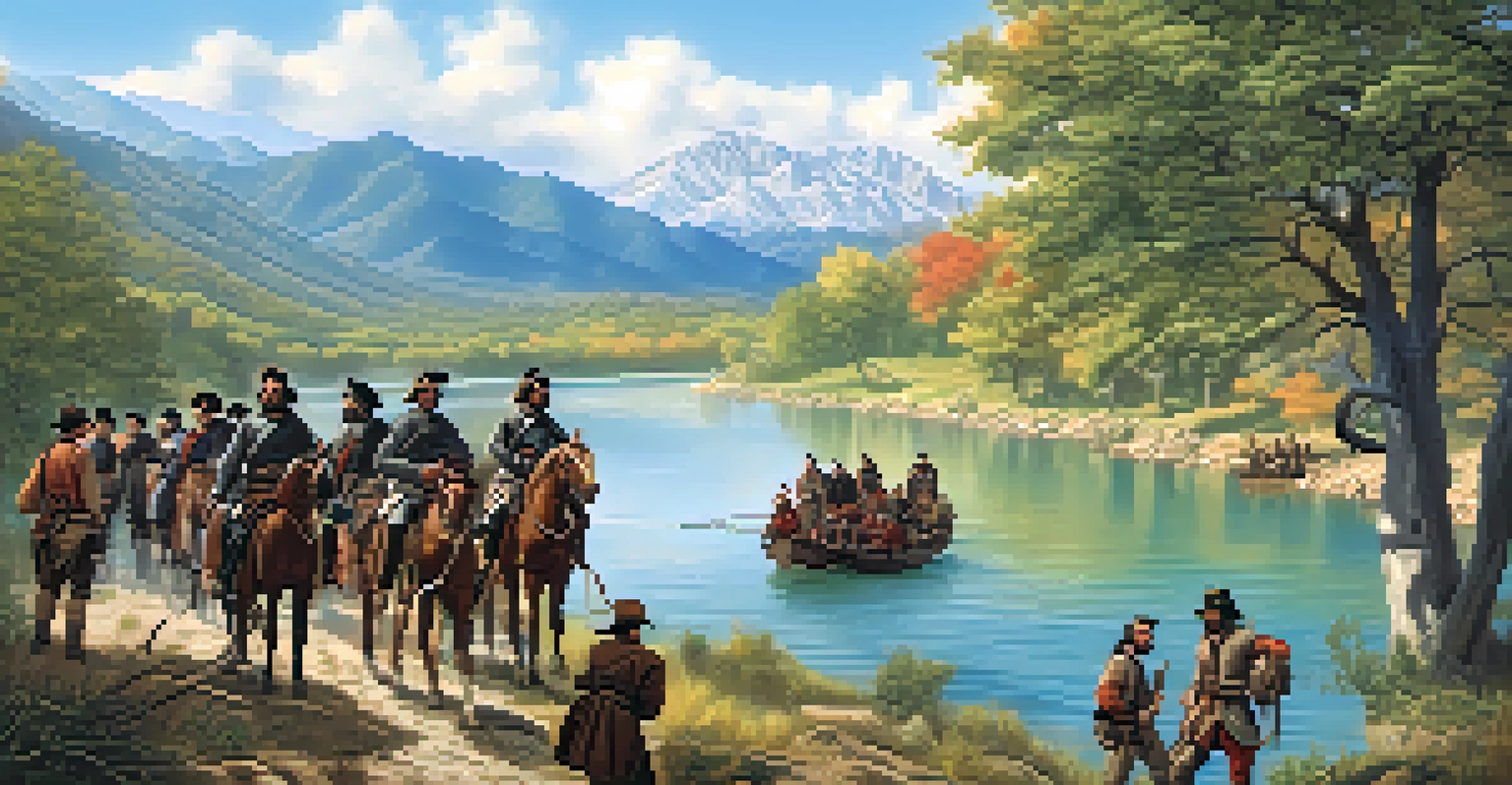 An illustration of Hernando de Soto's expedition in the 1540s, with explorers navigating a vibrant river in Tennessee surrounded by lush landscape.
