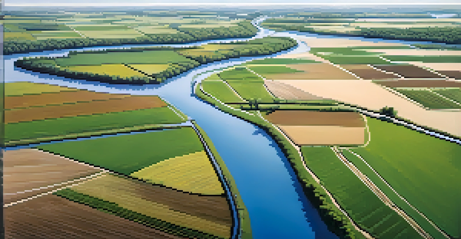 Aerial view of the Tennessee River surrounded by cotton and soybean fields, with irrigation systems visible.