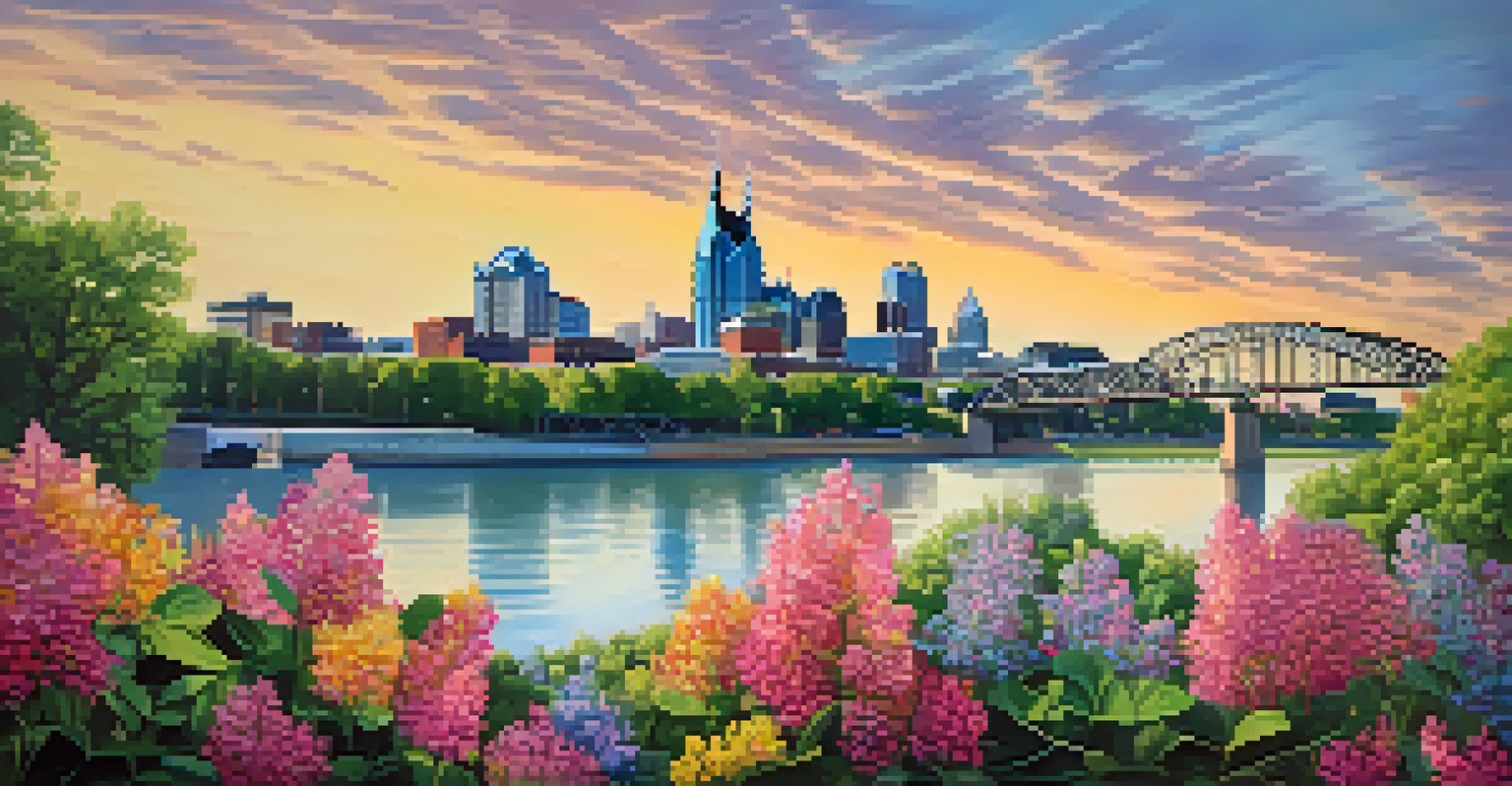 Close-up of the Cumberland River in Nashville, featuring vibrant parks and the skyline in the background.