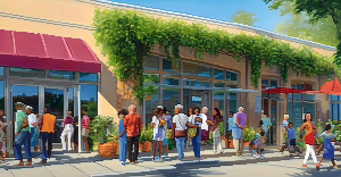 A community health center with a welcoming entrance and diverse people coming and going in bright sunlight.