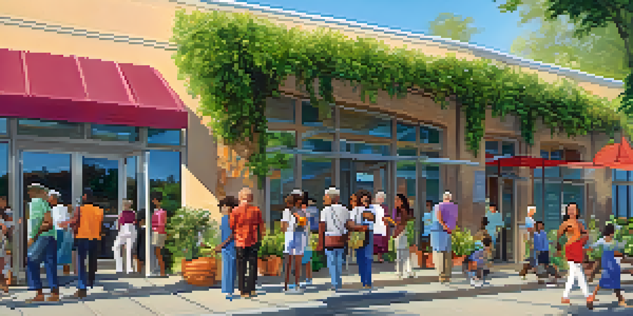 A community health center with a welcoming entrance and diverse people coming and going in bright sunlight.