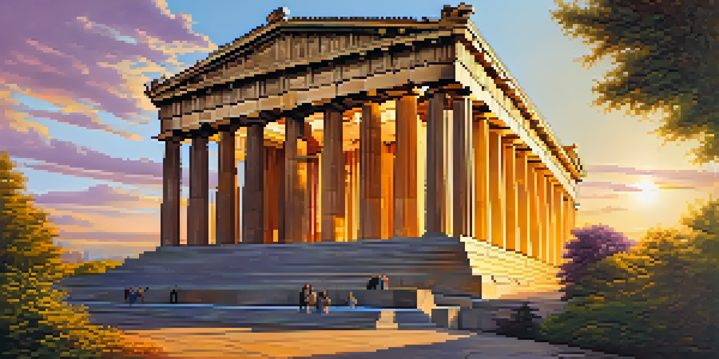 A wide-angle view of the Parthenon in Nashville, illuminated by sunset, with visitors and greenery in the foreground.