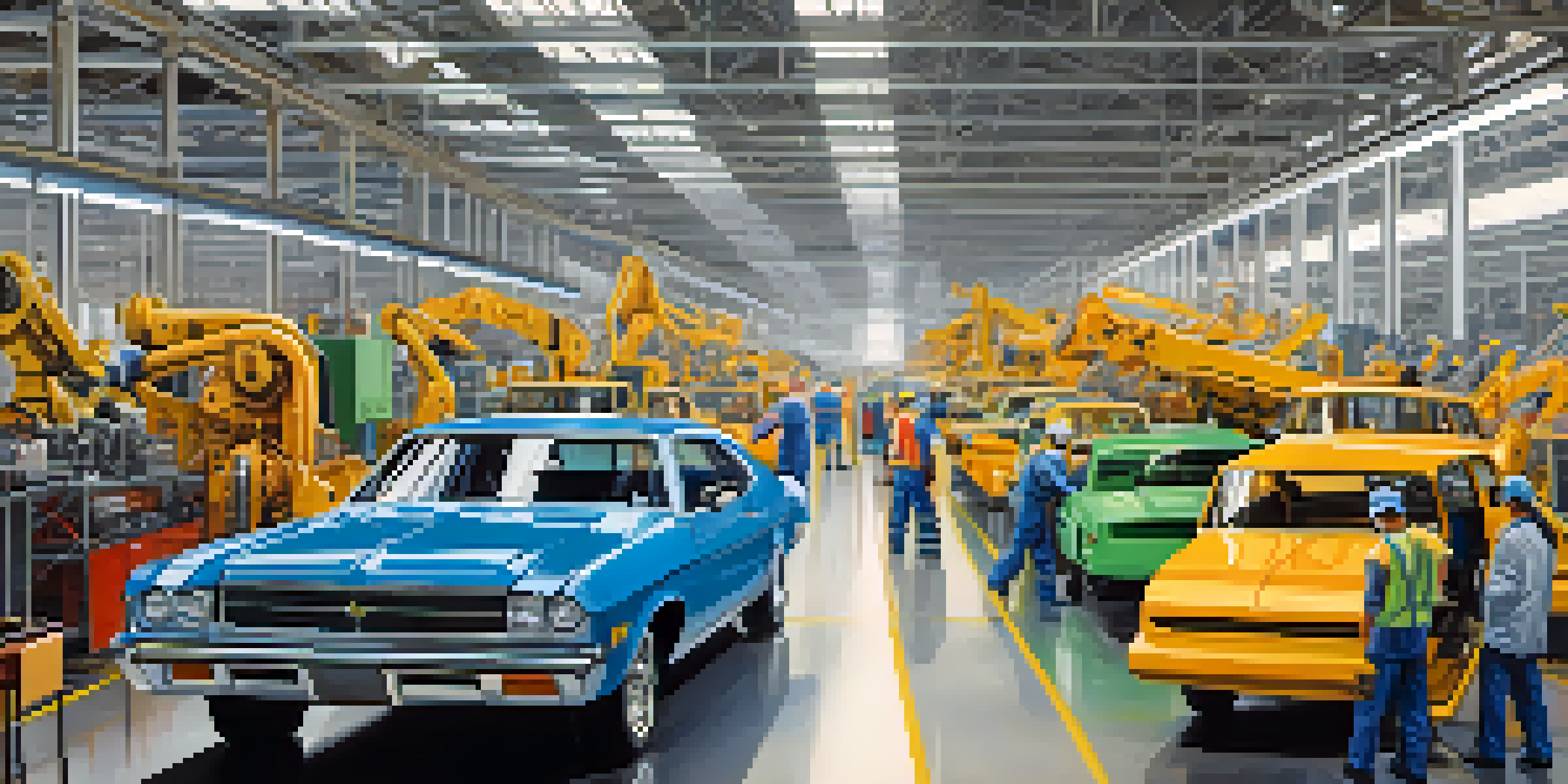 A busy automotive manufacturing plant in Tennessee with workers assembling vehicles under bright natural light.