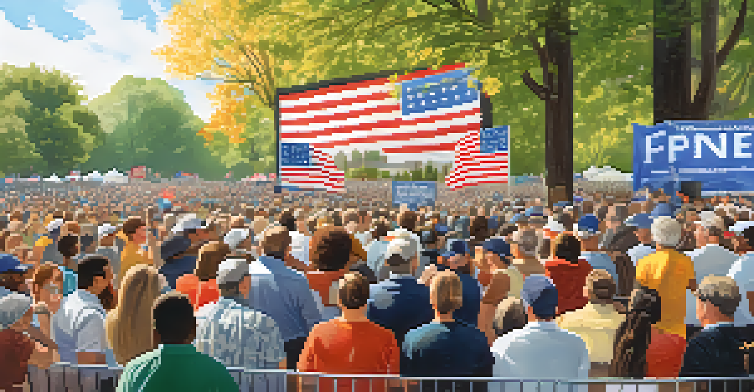 A diverse crowd at an outdoor political rally in Tennessee, with banners and signs, set in a sunny park.