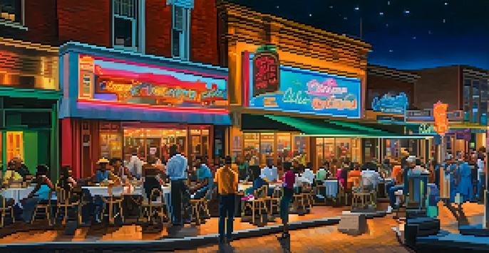 A bustling Beale Street at night with neon lights, musicians, and diners enjoying food.