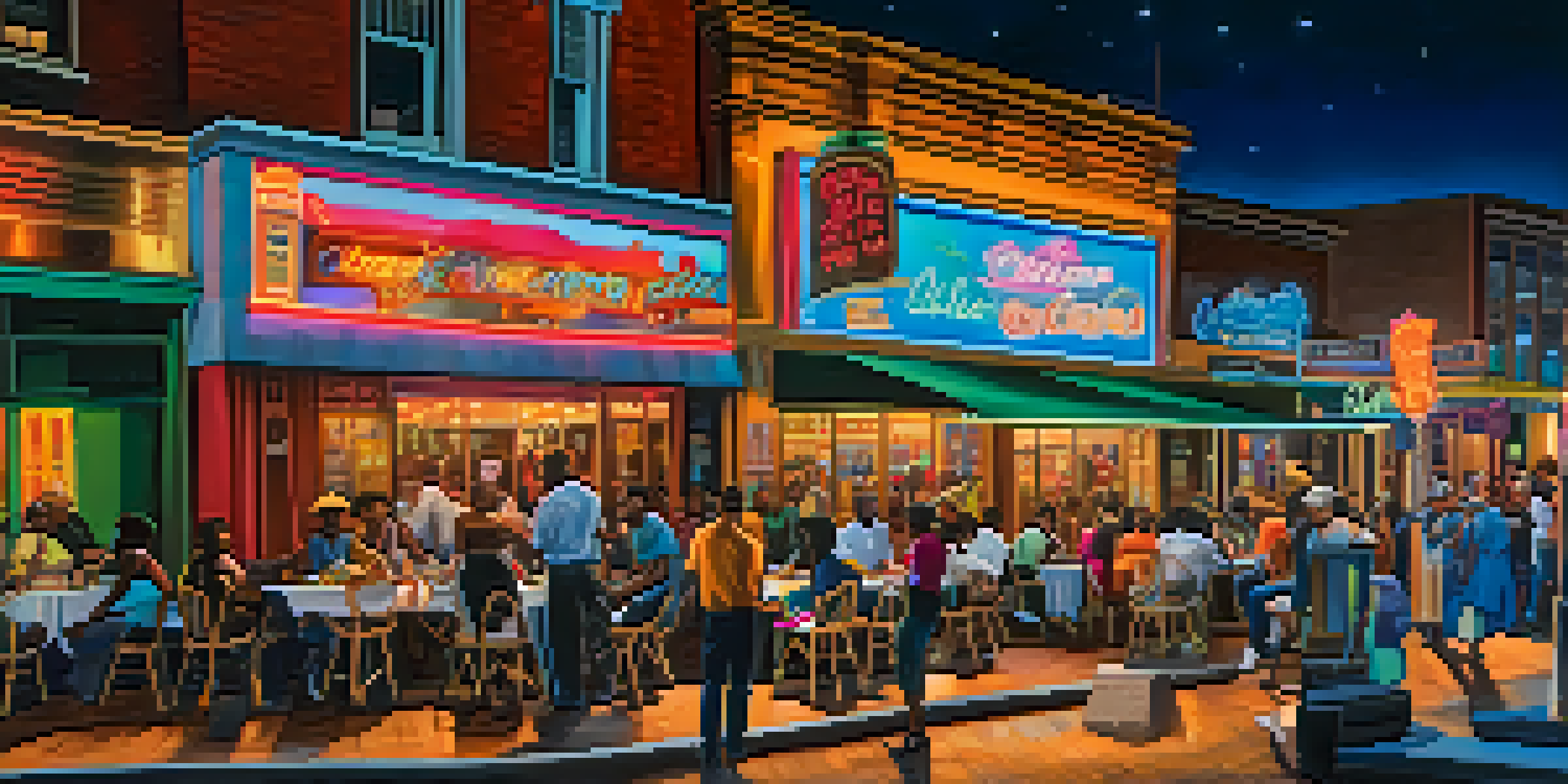 A bustling Beale Street at night with neon lights, musicians, and diners enjoying food.
