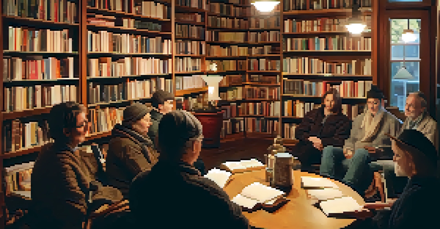 A cozy poetry reading event in a bookstore with authors and engaged audience members.
