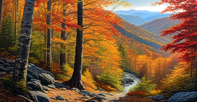 A panoramic view of the Great Smoky Mountains National Park in autumn, featuring colorful foliage and misty valleys.