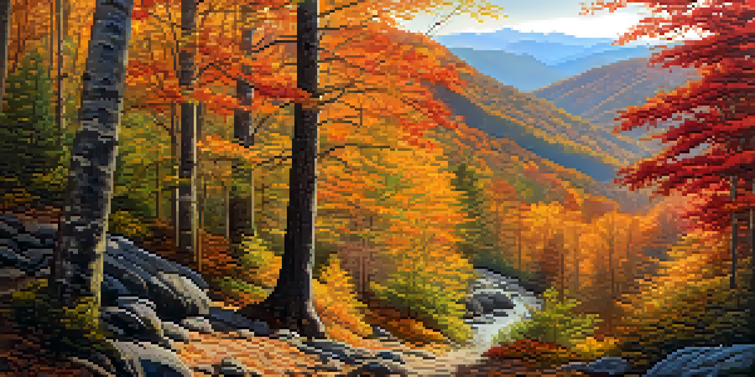 A panoramic view of the Great Smoky Mountains National Park in autumn, featuring colorful foliage and misty valleys.