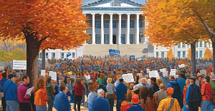 A view of the Tennessee state capitol with groups of people advocating for various causes in front, surrounded by colorful autumn leaves.