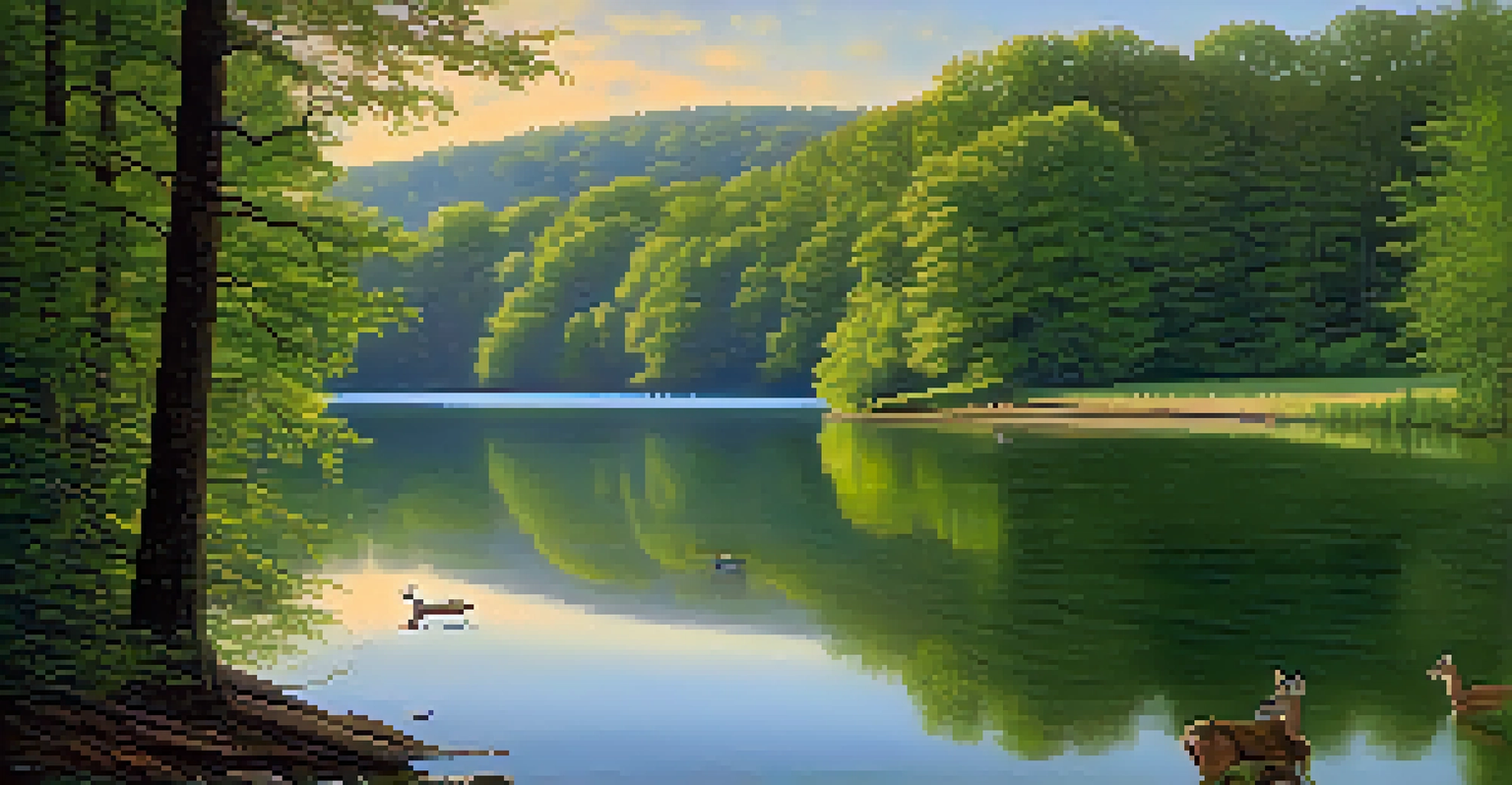 A tranquil scene of Radnor Lake at sunrise, with reflections and deer near the water.
