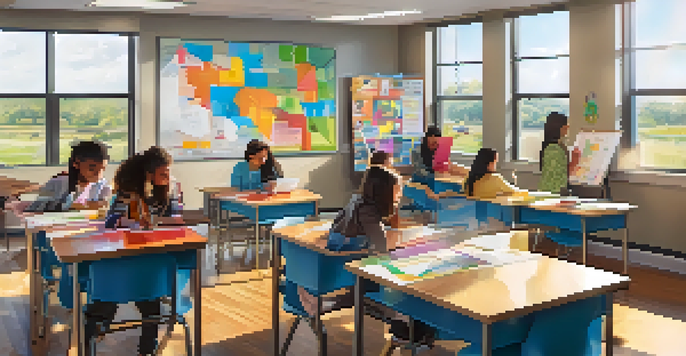 A lively classroom with diverse students working together, surrounded by colorful educational materials and technology.