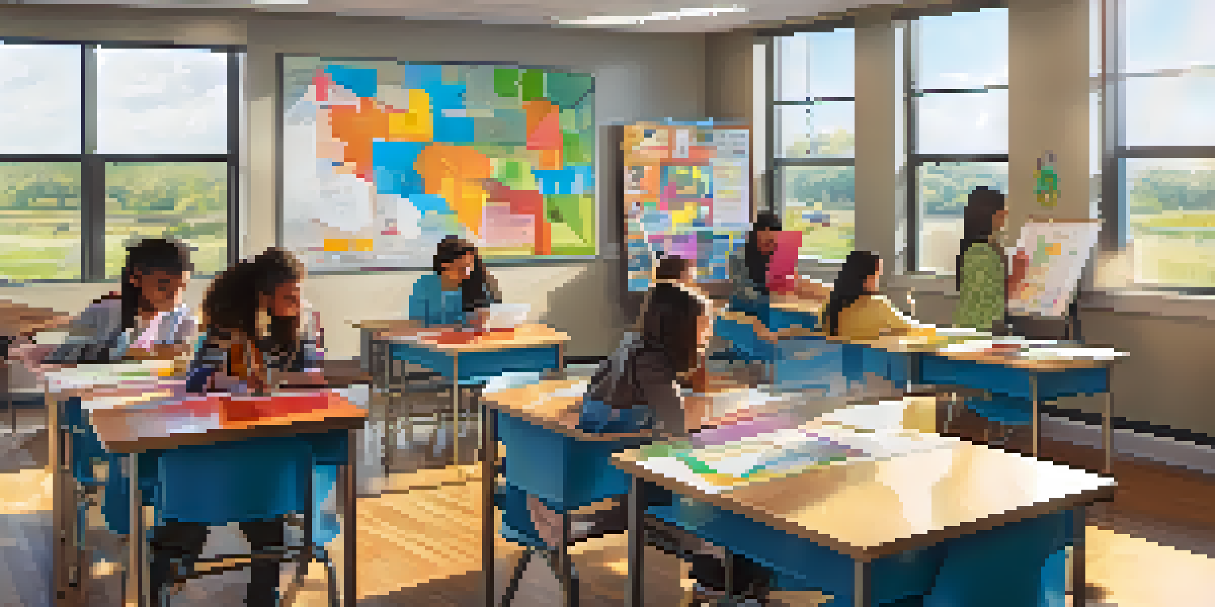 A lively classroom with diverse students working together, surrounded by colorful educational materials and technology.