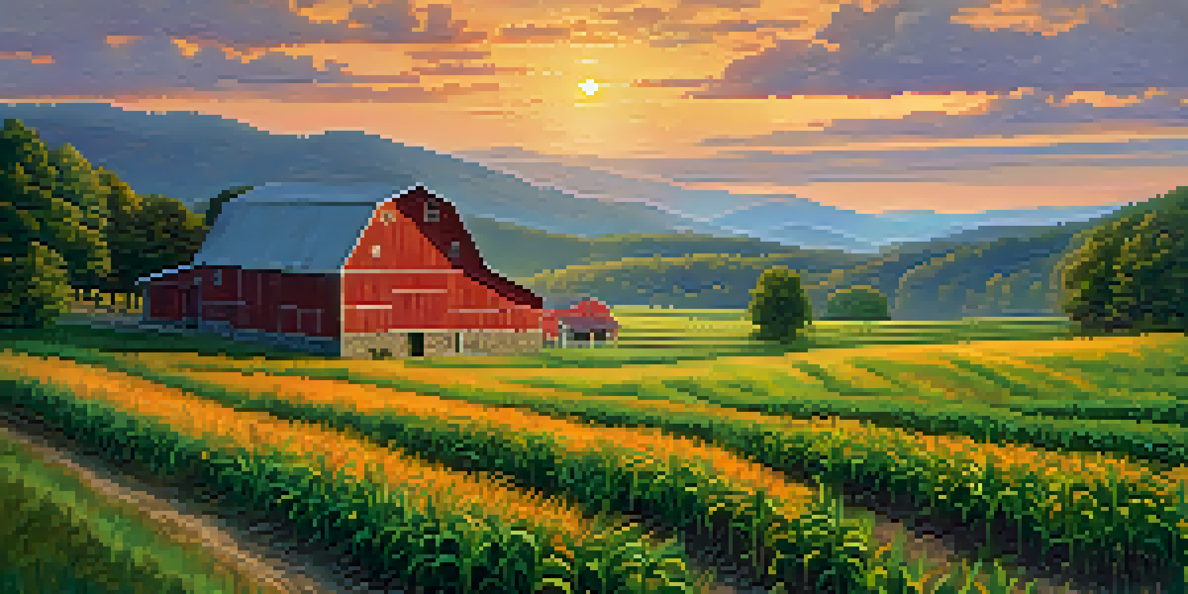 A scenic landscape of Tennessee showing rolling hills, a cornfield, a red barn, and the Appalachian Mountains at sunset.