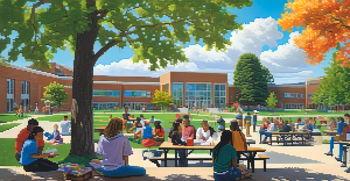 A lively community college campus with students studying together outdoors, surrounded by greenery and a clear sky.