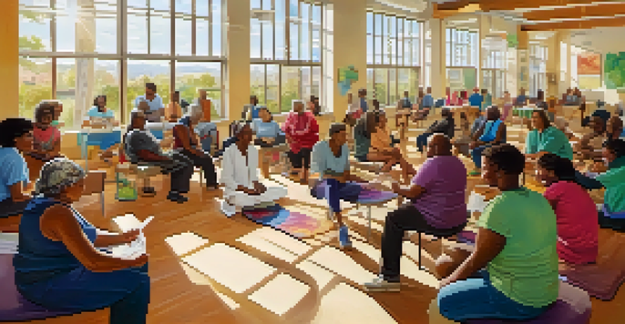 A community health workshop with diverse individuals discussing healthy lifestyles in a bright community center.