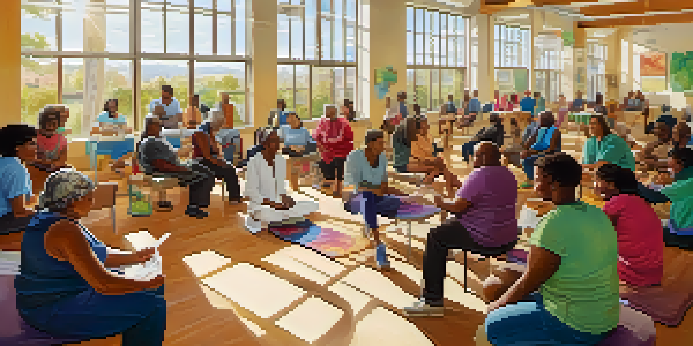 A community health workshop with diverse individuals discussing healthy lifestyles in a bright community center.