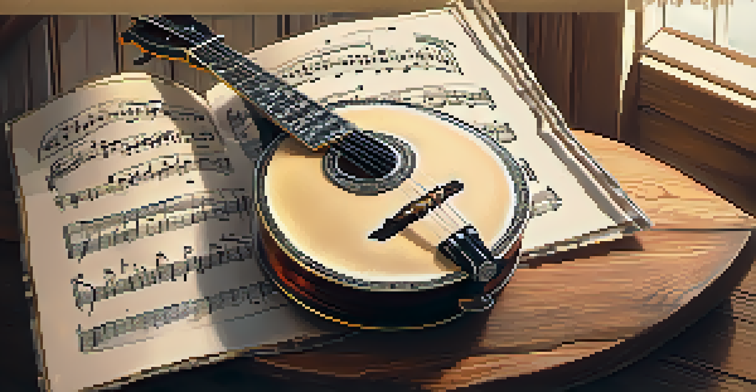Close-up of a traditional banjo on a wooden table, surrounded by sheet music and a vintage microphone, illuminated by soft warm light.