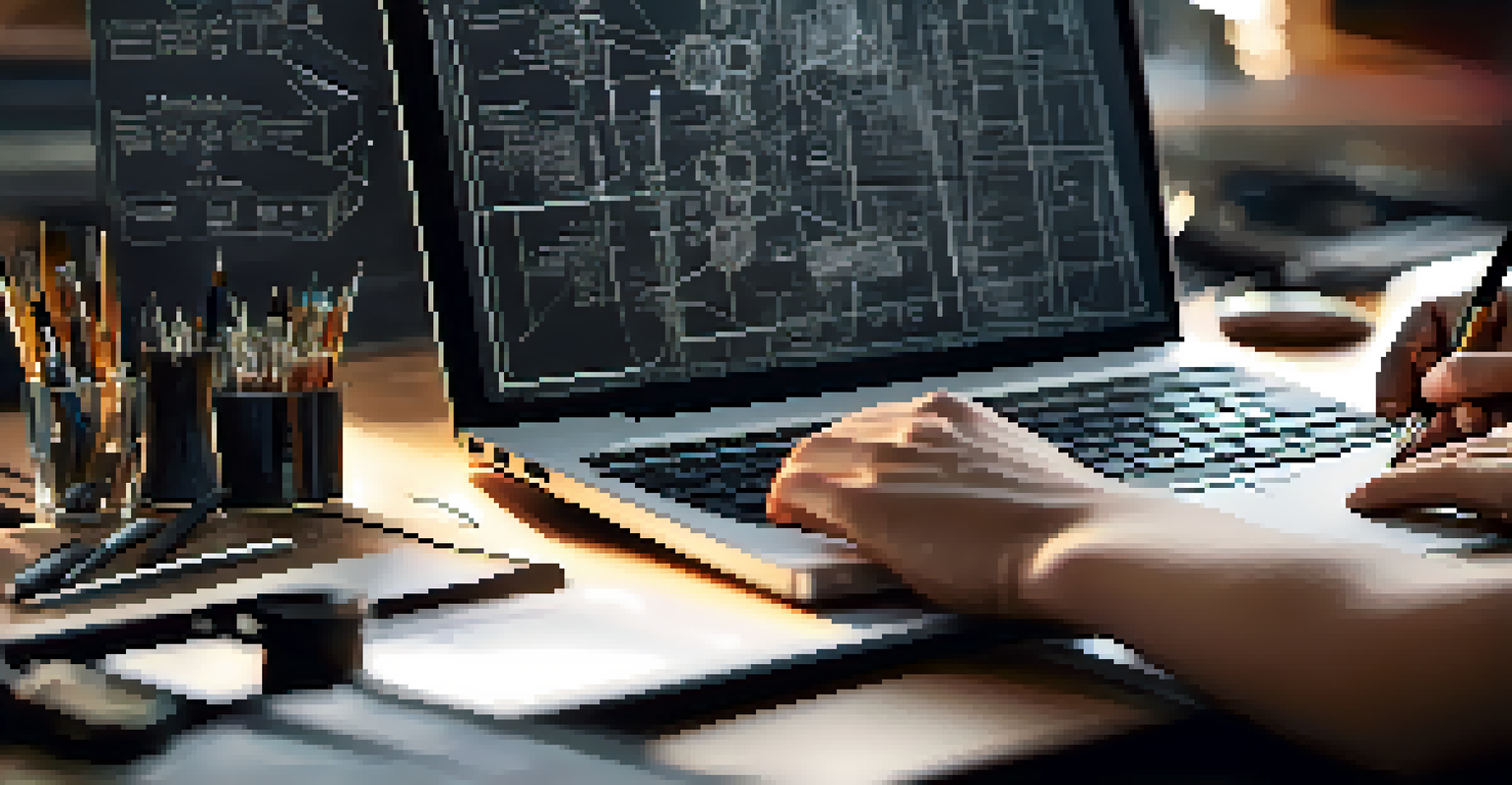 Close-up of hands using a laptop in a workshop, surrounded by tools and technical drawings, representing hands-on training in workforce development.