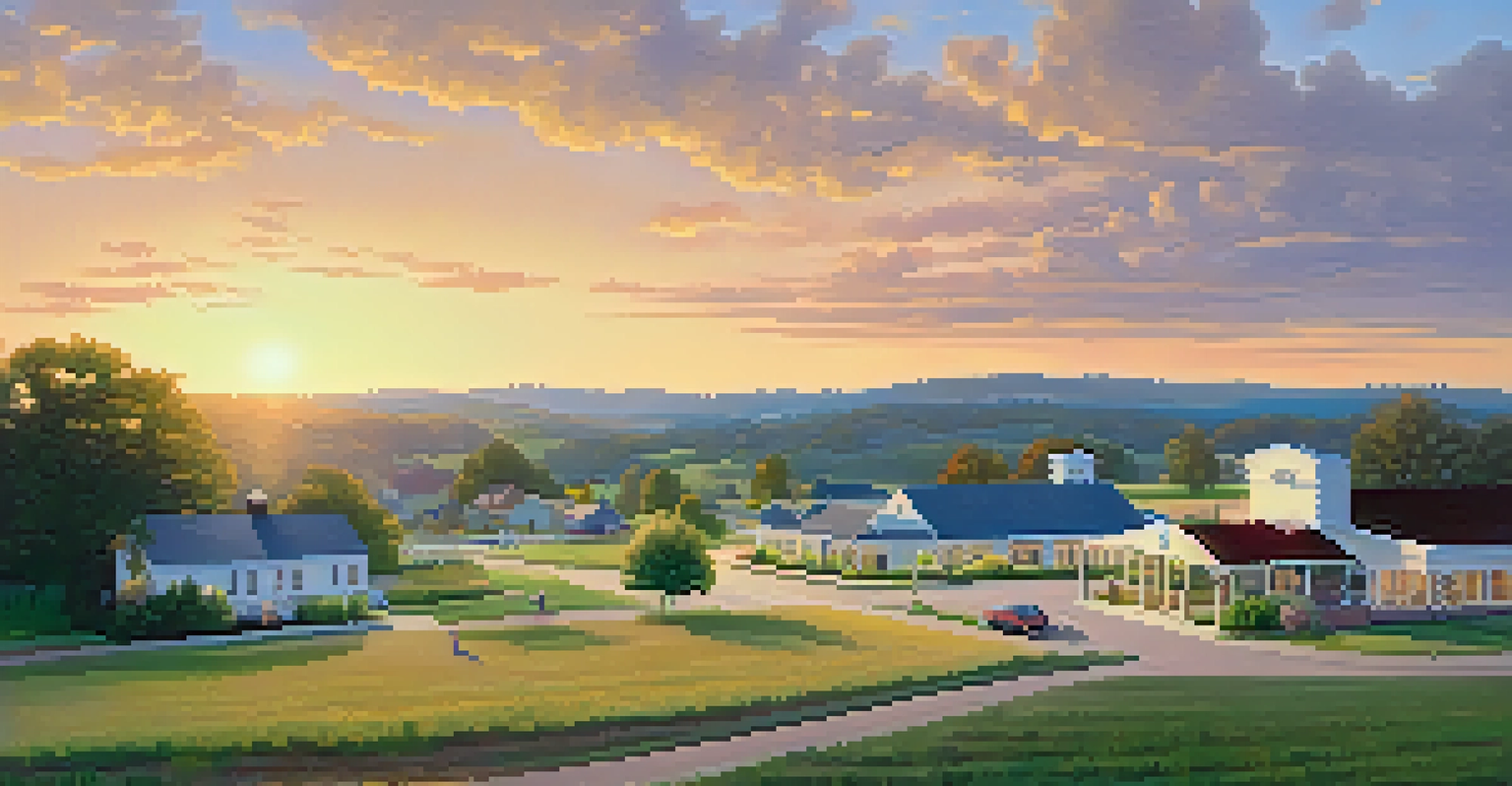 A serene rural landscape in Tennessee with a local clinic, blooming flowers, and a sunset illuminating the hills.