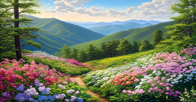 A bright spring landscape in the Great Smoky Mountains filled with colorful wildflowers and green hills under a blue sky.