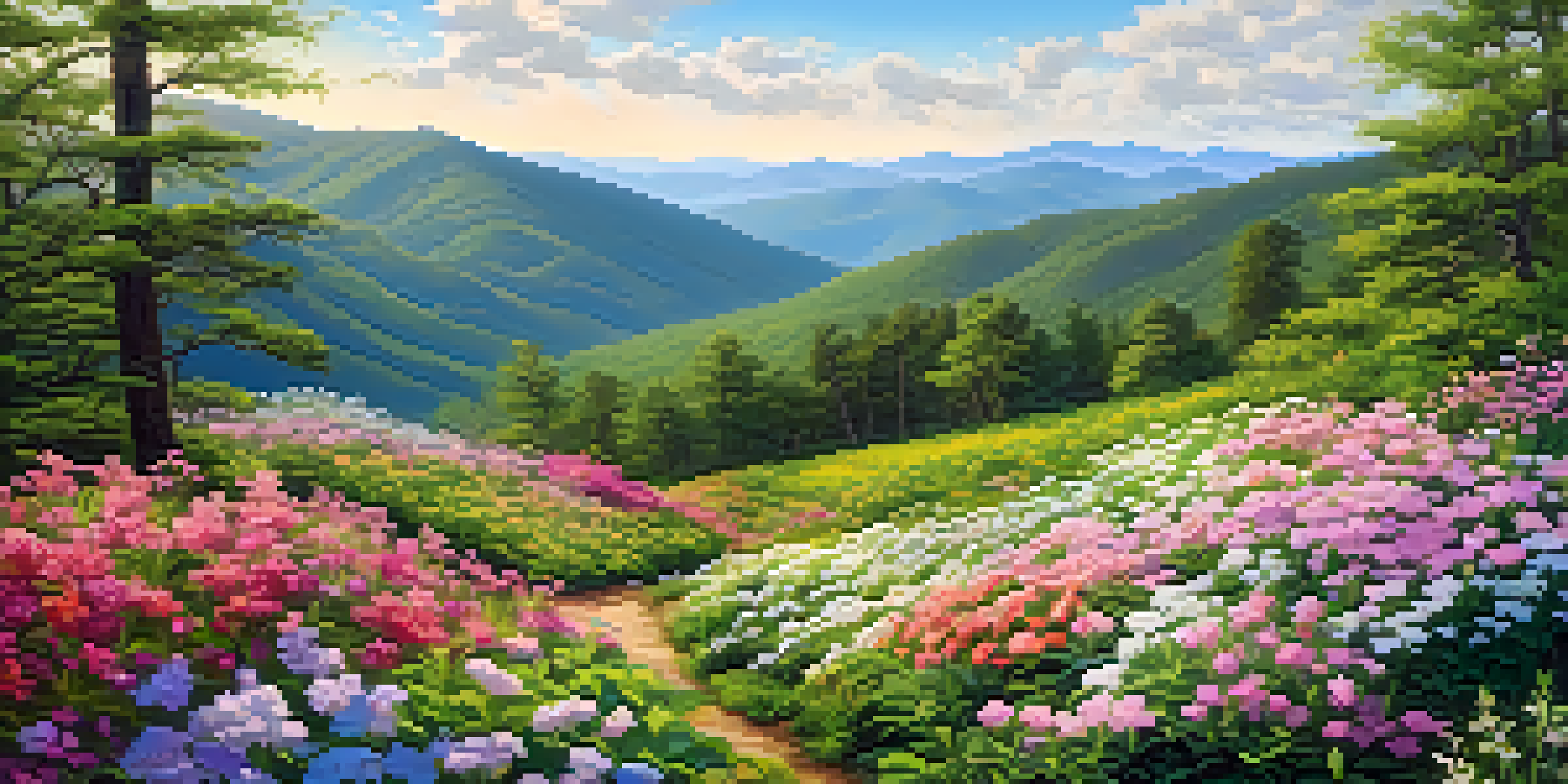 A bright spring landscape in the Great Smoky Mountains filled with colorful wildflowers and green hills under a blue sky.