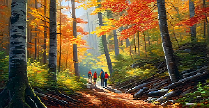 A family hiking in the Great Smoky Mountains surrounded by colorful autumn leaves and soft sunlight filtering through the trees.