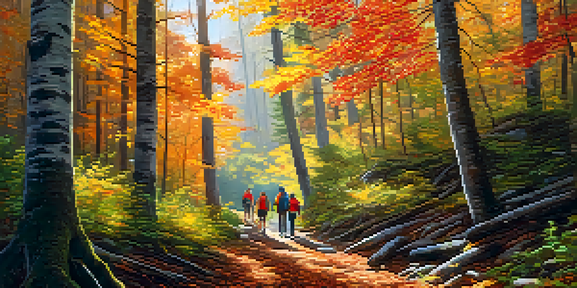 A family hiking in the Great Smoky Mountains surrounded by colorful autumn leaves and soft sunlight filtering through the trees.