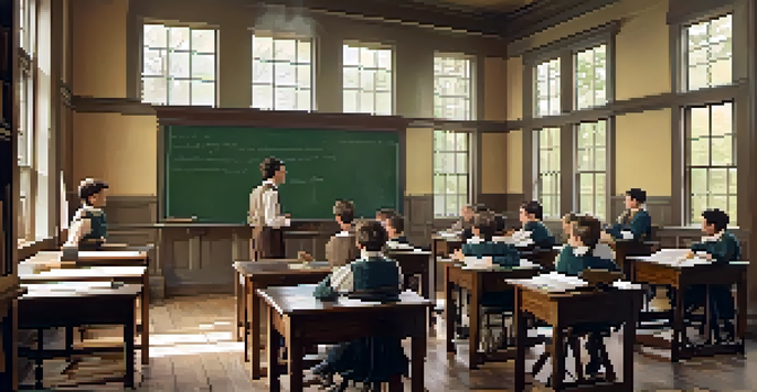 A historic classroom from the early 1800s in Tennessee, with wooden desks, a chalkboard, and a teacher instructing male students, illuminated by natural light.
